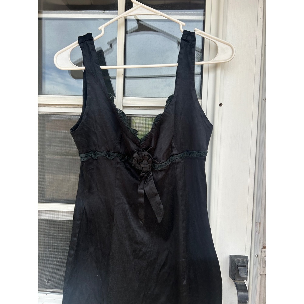 Vintage Bebe Black Satin Lace‎ Trim Rosette Empire Waist Mini Dress Y2K Coquette - Picture 8 of 15